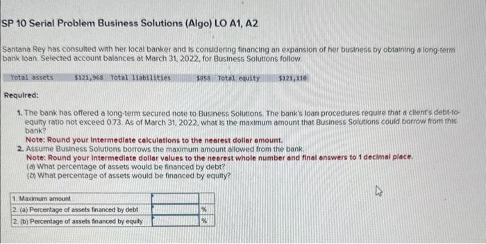 Solved SP 10 Serial Problem Business Solutions (Algo) LO A1, | Chegg.com