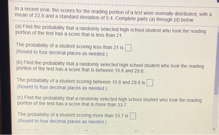 Solved In a recent year, the scores for the reading portion | Chegg.com