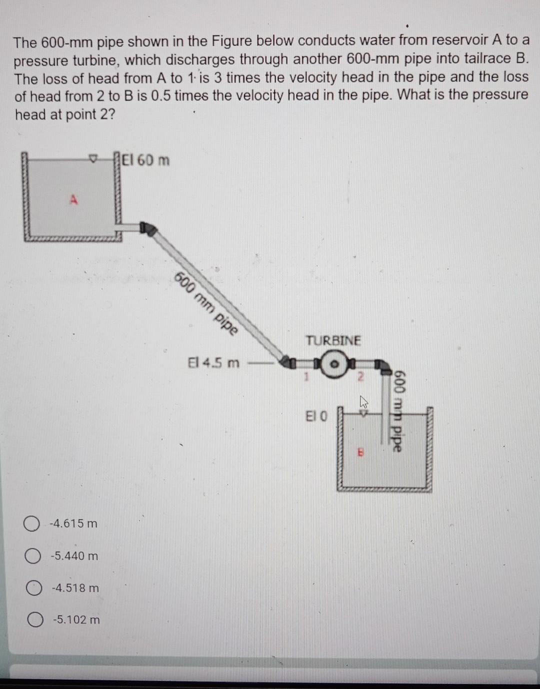 The 600-mm pipe shown in the Figure below conducts water from reservoir A to a pressure turbine, which discharges through ano