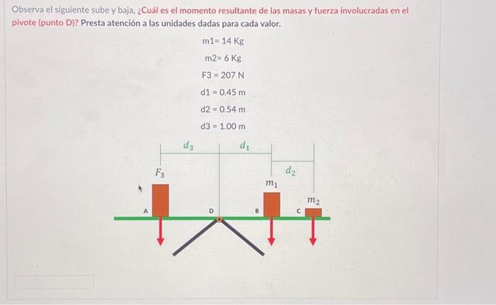 Observa el siguiente sube y baja, ¿Cuál es el momento resultante de las masas y fuerza involucradas en el pivote (punto D)? P