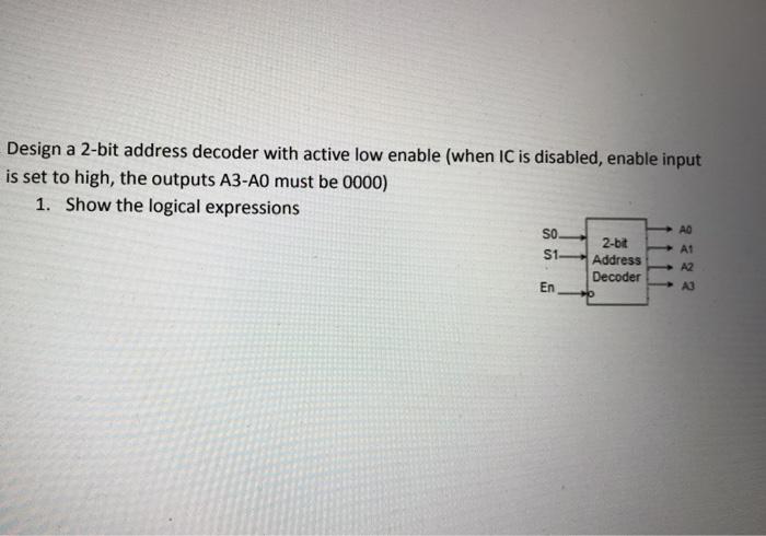 Solved Design a 2-bit address decoder with active low enable | Chegg.com