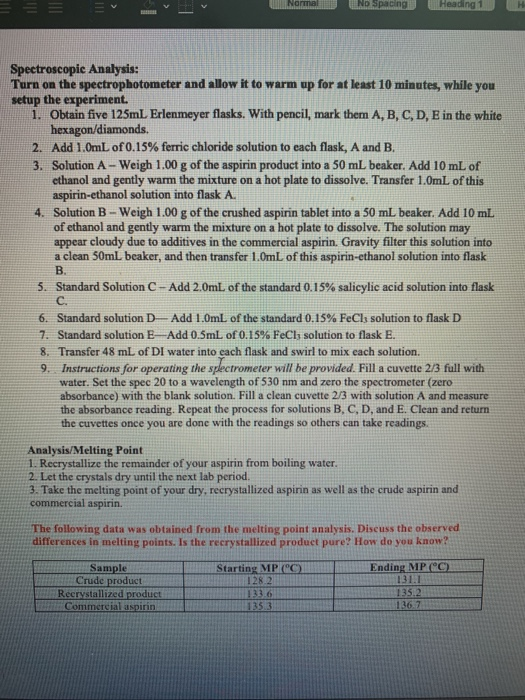 Solved Synthesis If Aspirin Lab Can You Please Help With Chegg Com