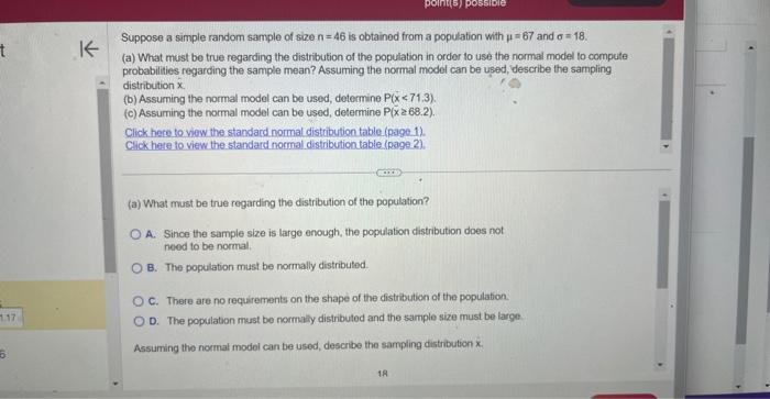 Solved Suppose a simple random sample of size n=46 is | Chegg.com