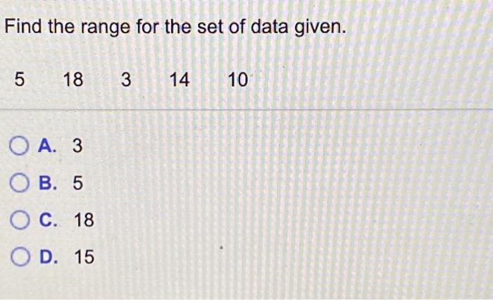 Solved Find the range for the set of data given. 5 18 3 14 | Chegg.com