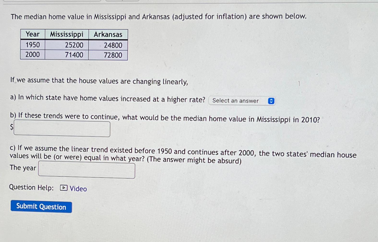 Solved The median home value in Mississippi and Arkansas