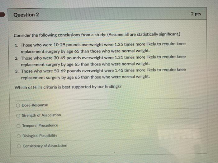 Question 2 2 pts Consider the following conclusions from a study: (Assume all are statistically significant.) 1. Those who we