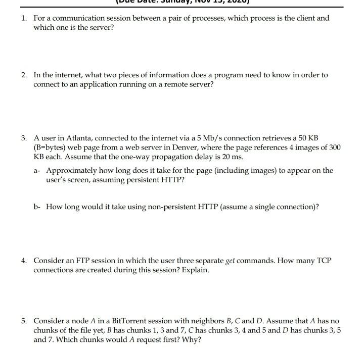 Solved 1. For a communication session between a pair of | Chegg.com