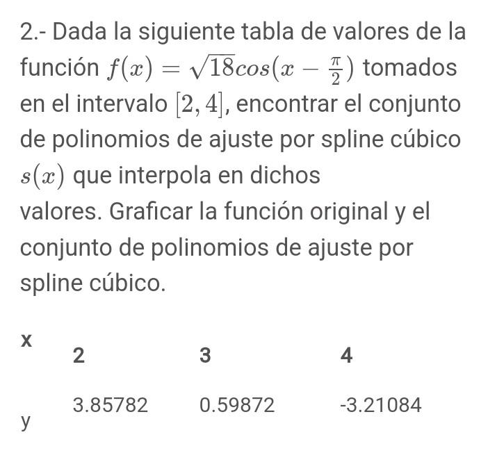 2.- Dada la siguiente tabla de valores de la función \( f(x)=\sqrt{18} \cos \left(x-\frac{\pi}{2}\right) \) tomados en el int