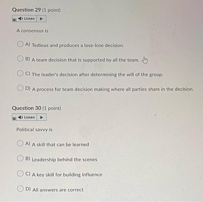 Solved Question 29 (1 point) Listen → A consensus is OA) | Chegg.com