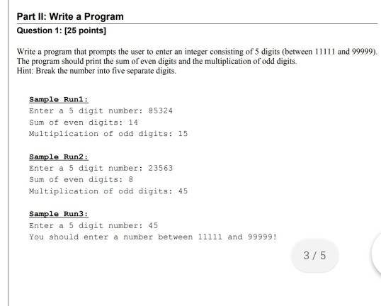 Solved Part II: Write a Program Question 1: [25 points) | Chegg.com