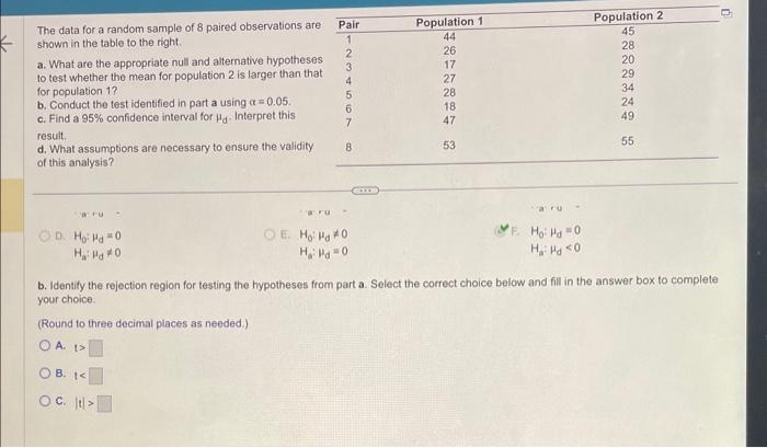 Solved The data for a random sample of 8 paired observations | Chegg.com