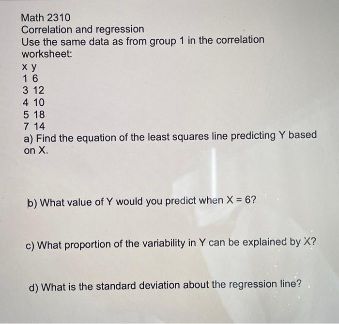 Solved Math 2310 Correlation and regression Use the same | Chegg.com