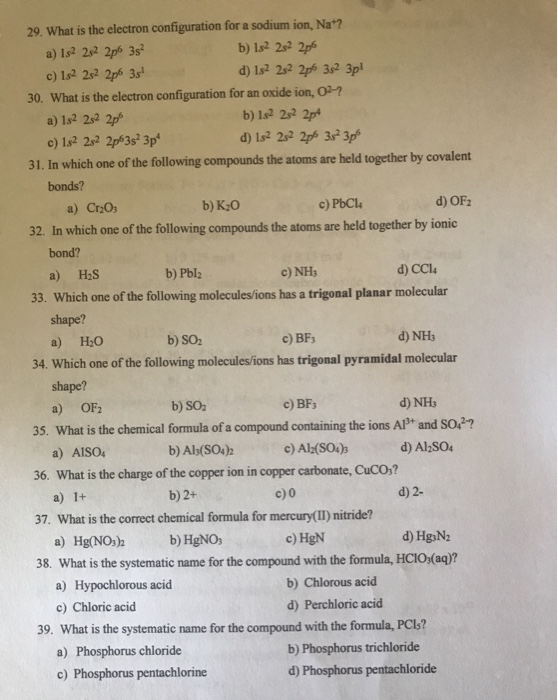 Solved 29. What is the electron configuration for a sodium | Chegg.com