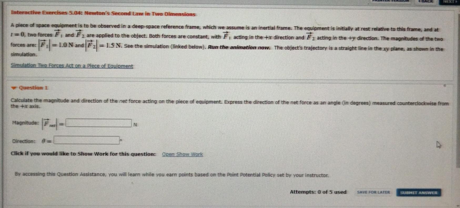 Solved Interactive Exercises 5.04: Newton's Second Law in | Chegg.com