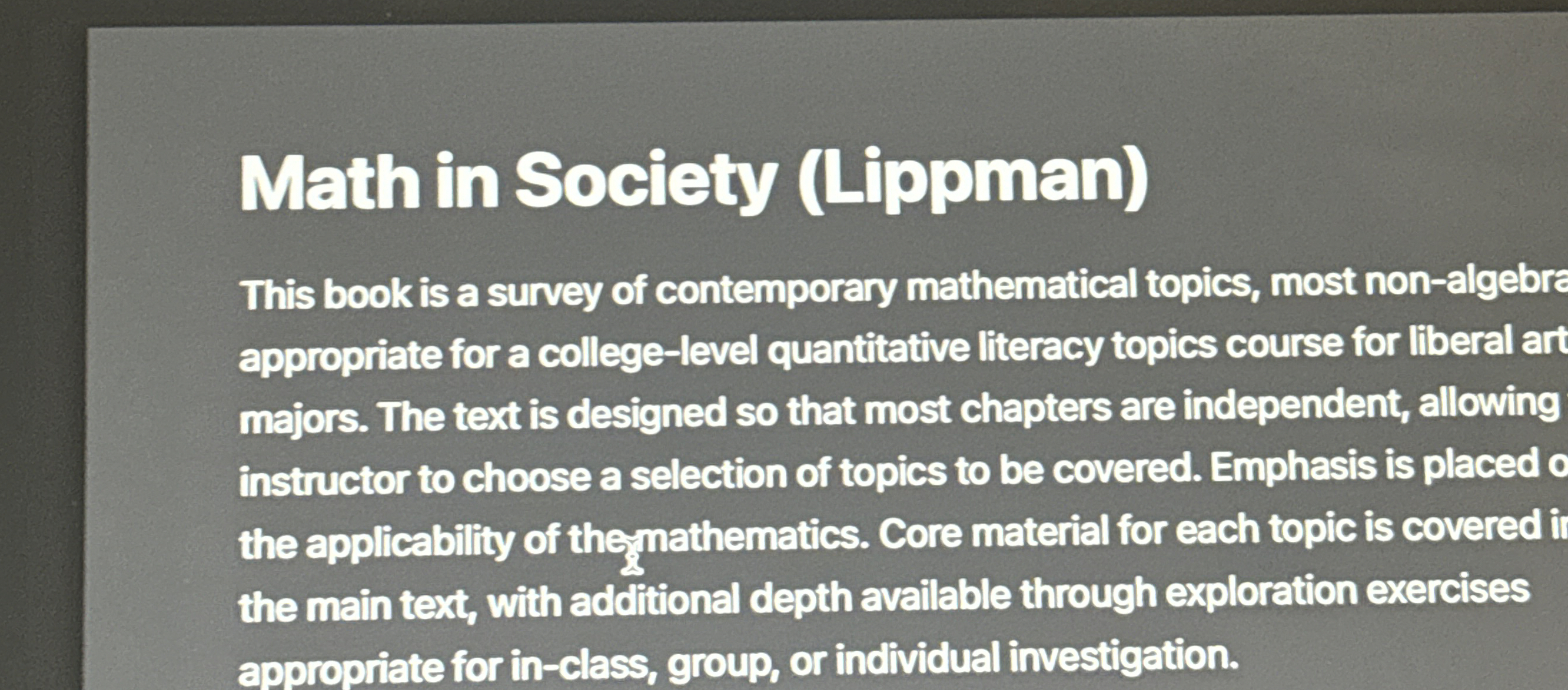 Solved Math in Society (Lippman)This book is a survey of | Chegg.com