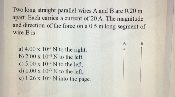 Solved Two Long Straight Parallel Wires A And B Are 0.20 M | Chegg.com