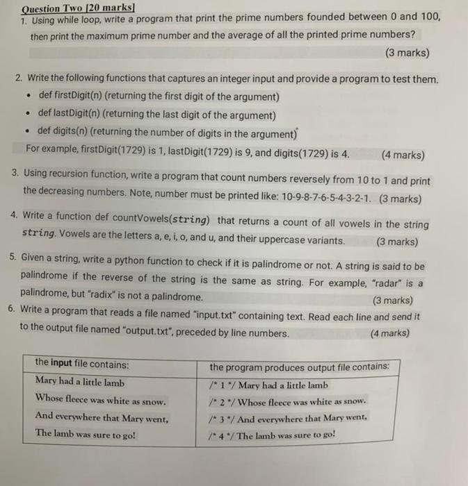 Solved Question Two 120 marks 1. Using while loop, write a | Chegg.com