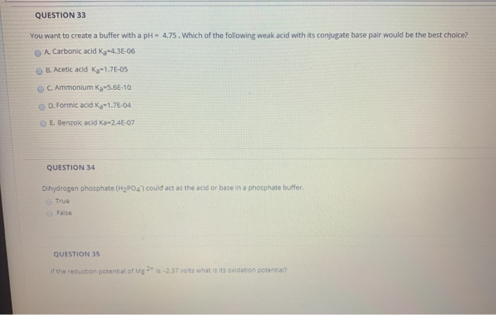 Solved QUESTION 33 You want to create a buffer with a pH - | Chegg.com