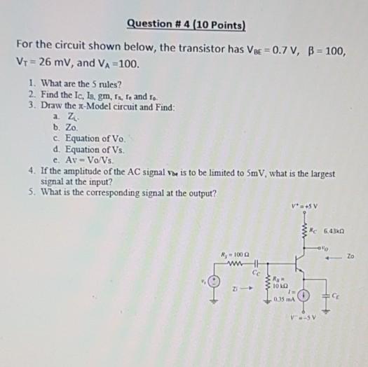 Solved Question # 4 (10 Points) For the circuit shown below, | Chegg.com
