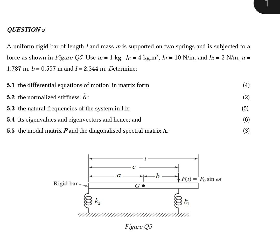 Solved A uniform rigid bar of length 1 and mass m is | Chegg.com