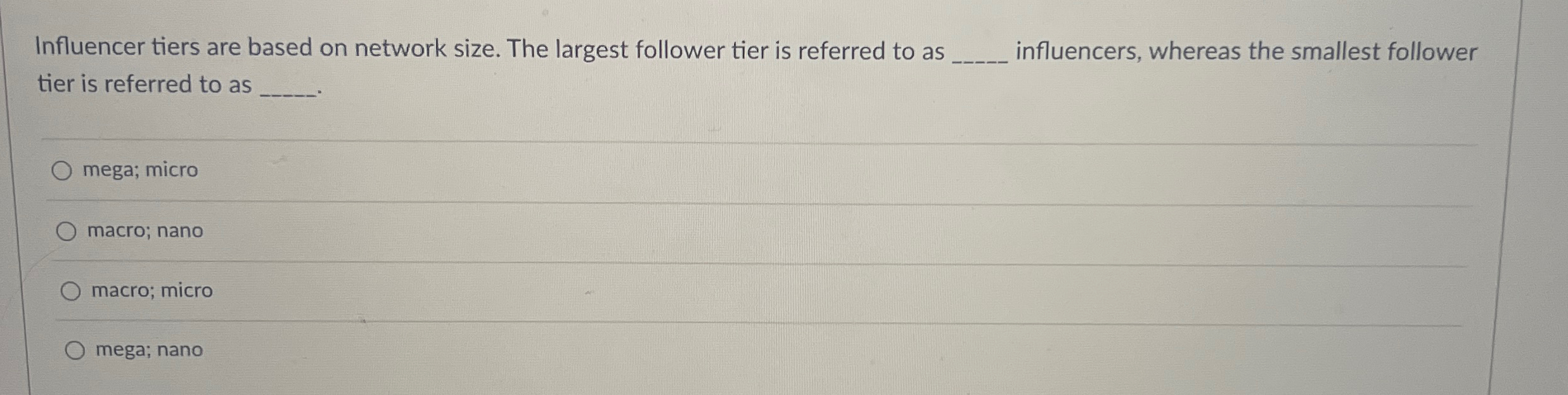 Solved Influencer tiers are based on network size. The | Chegg.com