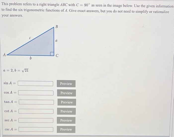 Solved This problem refers to a right triangle ABC with C = | Chegg.com