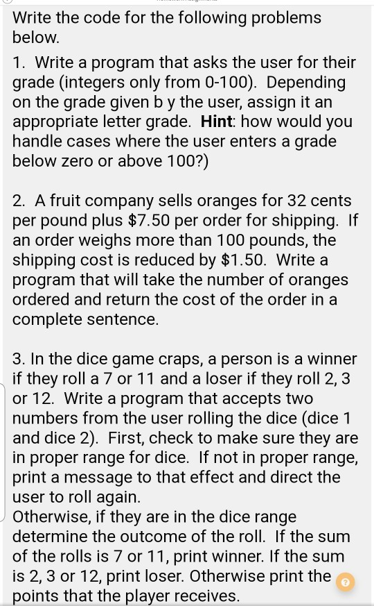 Solved Write the code for the following problems below. 1. | Chegg.com