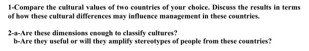 1-Compare the cultural values of two countries of your choice. Discuss the results in terms of how these cultural differences
