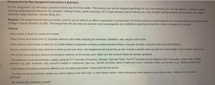 Physical Activity Plan Assignment Instructions & | Chegg.com
