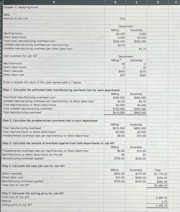 Solved Chapter 2: Applying Excel Data Markup On Job Cost 75% | Chegg.com