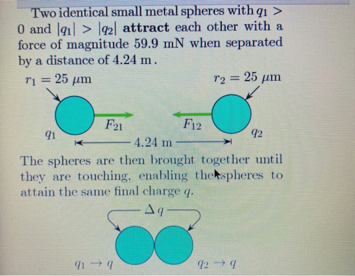 Solved Two Identical Small Metal Spheres With Qı > 0 And | Chegg.com