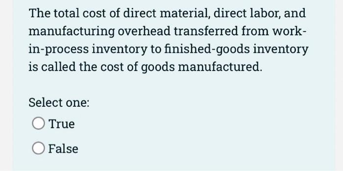 Solved The Total Cost Of Direct Material, Direct Labor, And 