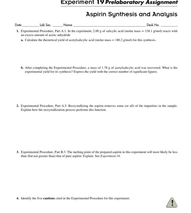 Experiment 19 Prelaboratory Assignment Aspirin Chegg 