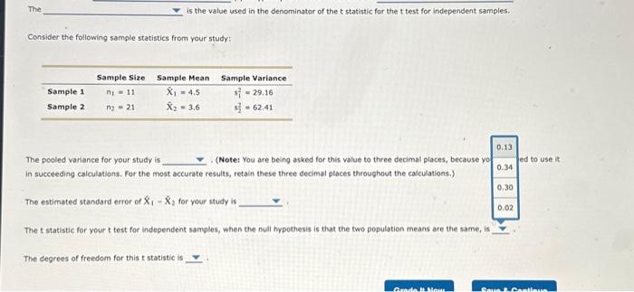 Solved The pooled variance for your study is in succeeding | Chegg.com