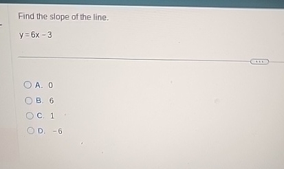 Solved Find the slope of the line.y=6x-3A. 0B. 6C. 1D. -6 | Chegg.com