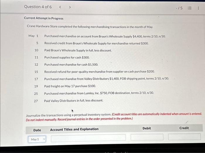 Solved Crane Hardware Store completed the following