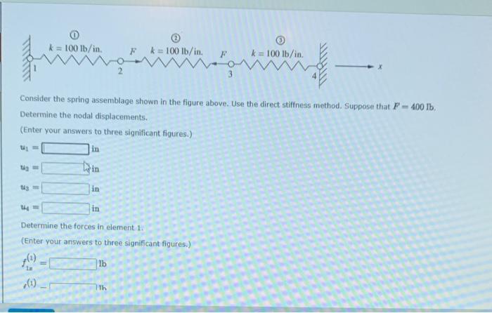 Consider the spring assemblage shown in the figure above. Use the direct stiffness method. Suppose that \( F=400 \mathrm{Ib} 