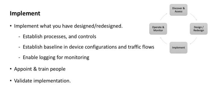 Implement
- Implement what you have designed/redesigned.
- Establish processes, and controls
- Establish baseline in device c