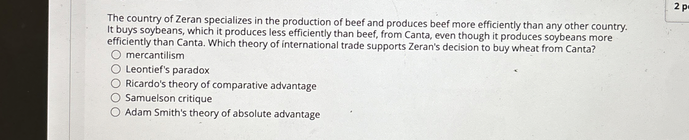 Solved The country of Zeran specializes in the production of | Chegg.com