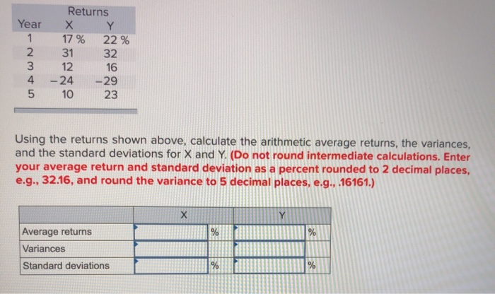 Solved Year Returns х 17 % 22% 31 32 12 -24 -29 2 3 4 Using | Chegg.com