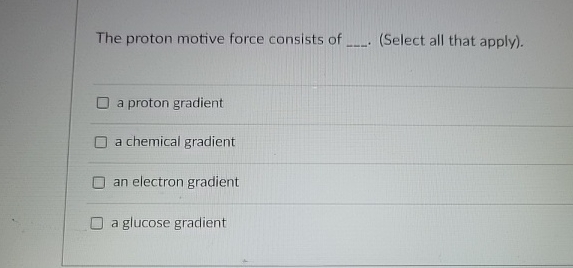 Solved The proton motive force consists of q, . (Select all | Chegg.com