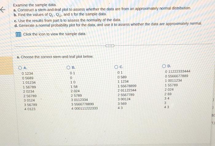 Examine the sample data. a. Construct a stem-and-leaf | Chegg.com