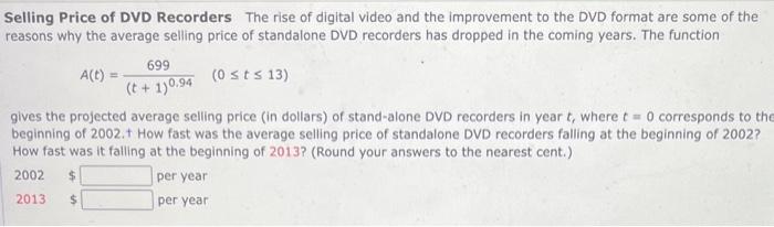 Solved Selling Price of DVD Recorders. The rise of digital | Chegg.com