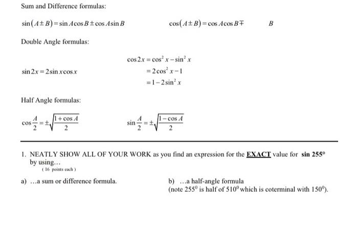 Solved Sum And Difference Formulas 6151