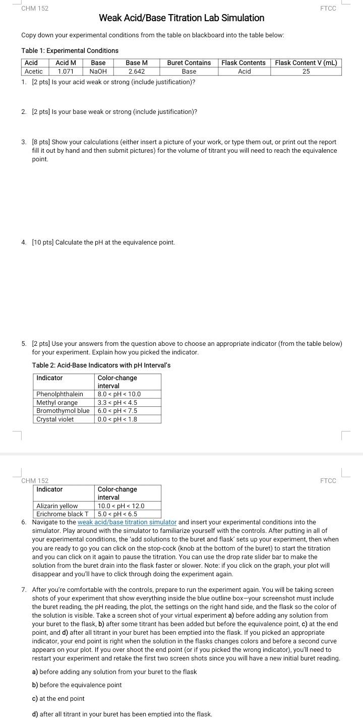 Solved Weak Acid/Base Titration Lab Simulation Copy down