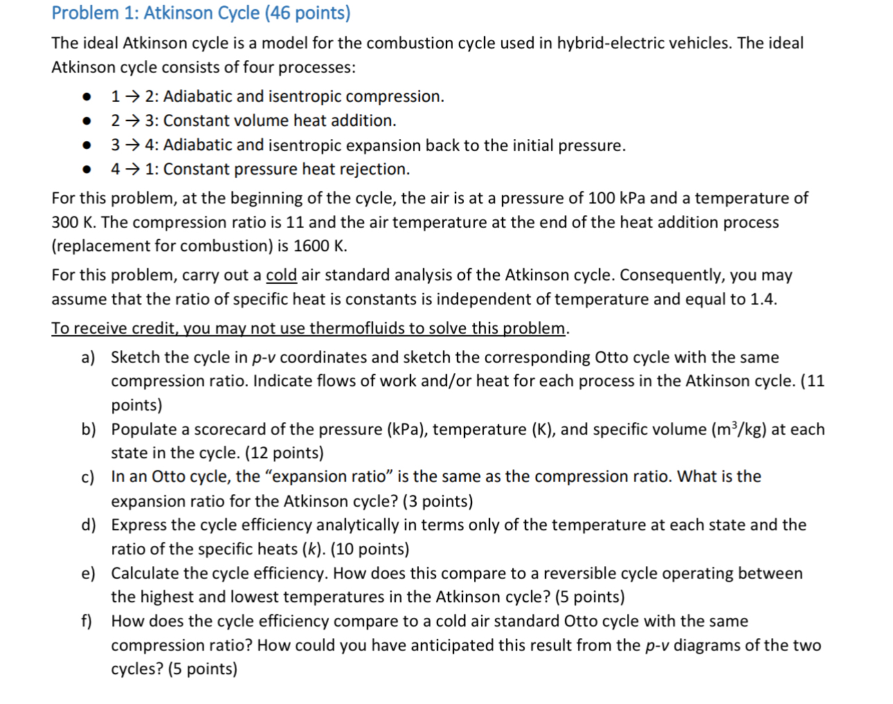 Solved Problem 1: Atkinson Cycle (46 ﻿points)The ideal | Chegg.com