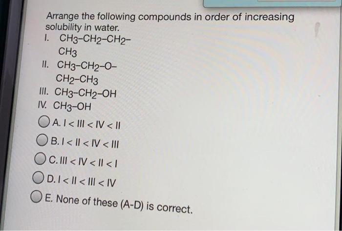 Solved Arrange the following compounds in order of | Chegg.com