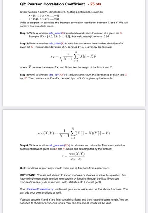 Solved Q2: Pearson Correlation coefficient - 25 pts Given | Chegg.com