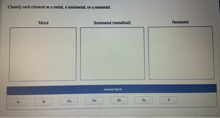 Solved Classify each element as a metal, a semimetal, or a | Chegg.com