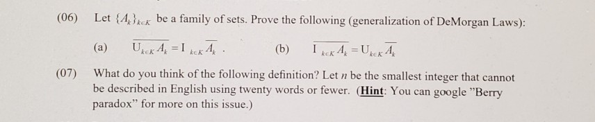 06 Let 4 Kek Be A Family Of Sets Prove The Chegg Com